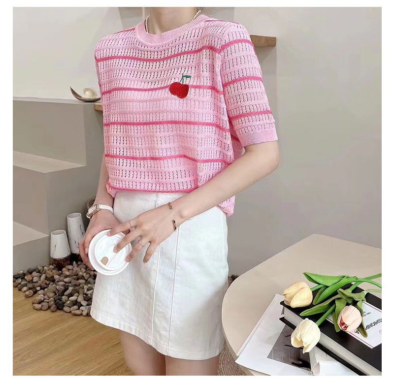 Summer Cherry Sequins Thin Knit Pullover Sweater Women 2022 Striped Sweet Elegant Ladies Top Knitwear Short Sleeve Loose T Shirt