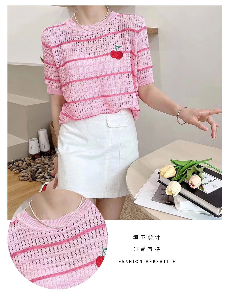 Summer Cherry Sequins Thin Knit Pullover Sweater Women 2022 Striped Sweet Elegant Ladies Top Knitwear Short Sleeve Loose T Shirt