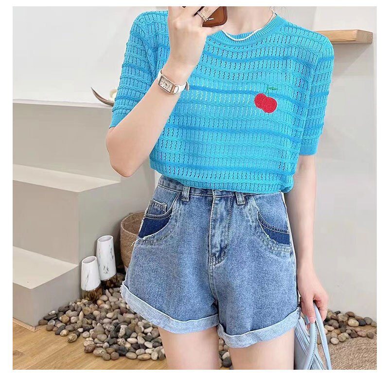 Summer Cherry Sequins Thin Knit Pullover Sweater Women 2022 Striped Sweet Elegant Ladies Top Knitwear Short Sleeve Loose T Shirt