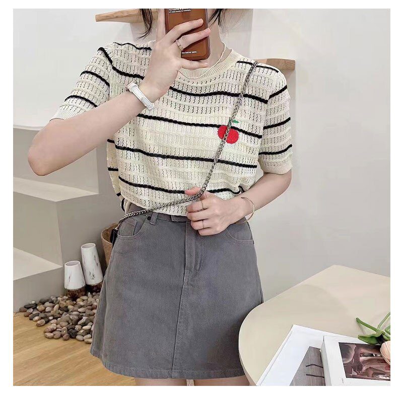 Summer Cherry Sequins Thin Knit Pullover Sweater Women 2022 Striped Sweet Elegant Ladies Top Knitwear Short Sleeve Loose T Shirt