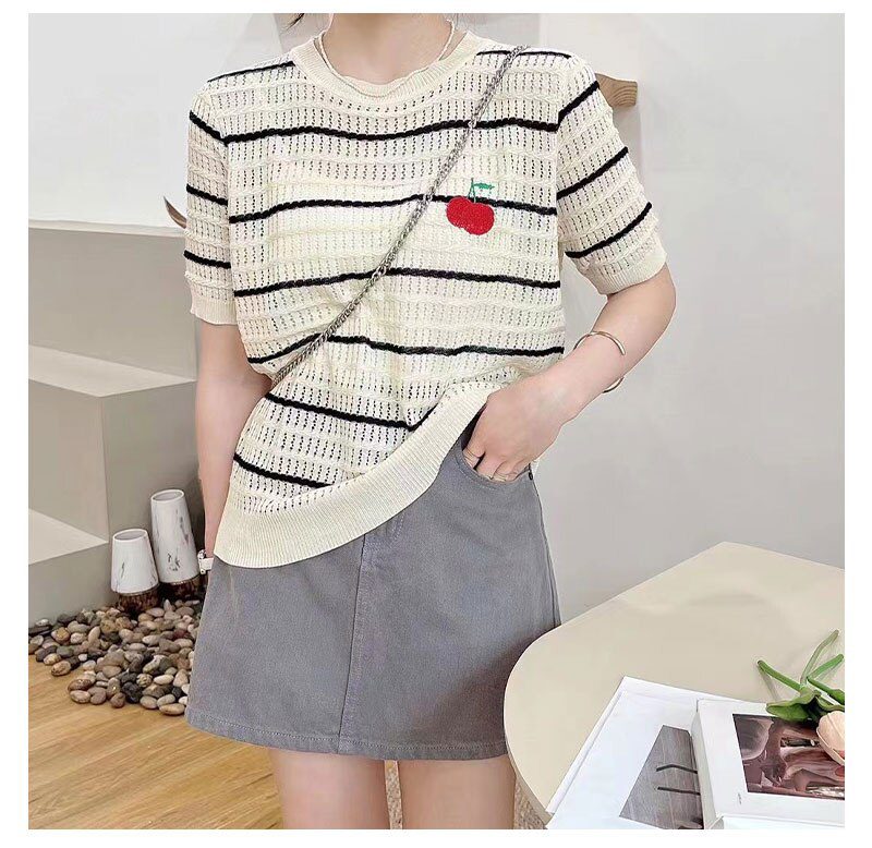 Summer Cherry Sequins Thin Knit Pullover Sweater Women 2022 Striped Sweet Elegant Ladies Top Knitwear Short Sleeve Loose T Shirt