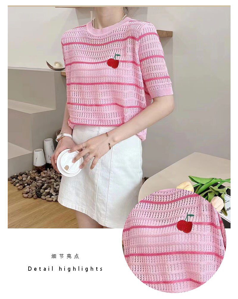 Summer Cherry Sequins Thin Knit Pullover Sweater Women 2022 Striped Sweet Elegant Ladies Top Knitwear Short Sleeve Loose T Shirt