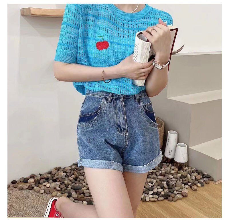 Summer Cherry Sequins Thin Knit Pullover Sweater Women 2022 Striped Sweet Elegant Ladies Top Knitwear Short Sleeve Loose T Shirt