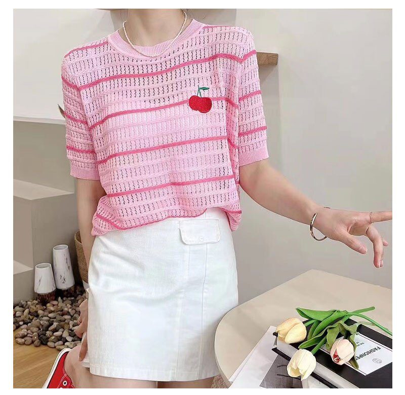 Summer Cherry Sequins Thin Knit Pullover Sweater Women 2022 Striped Sweet Elegant Ladies Top Knitwear Short Sleeve Loose T Shirt