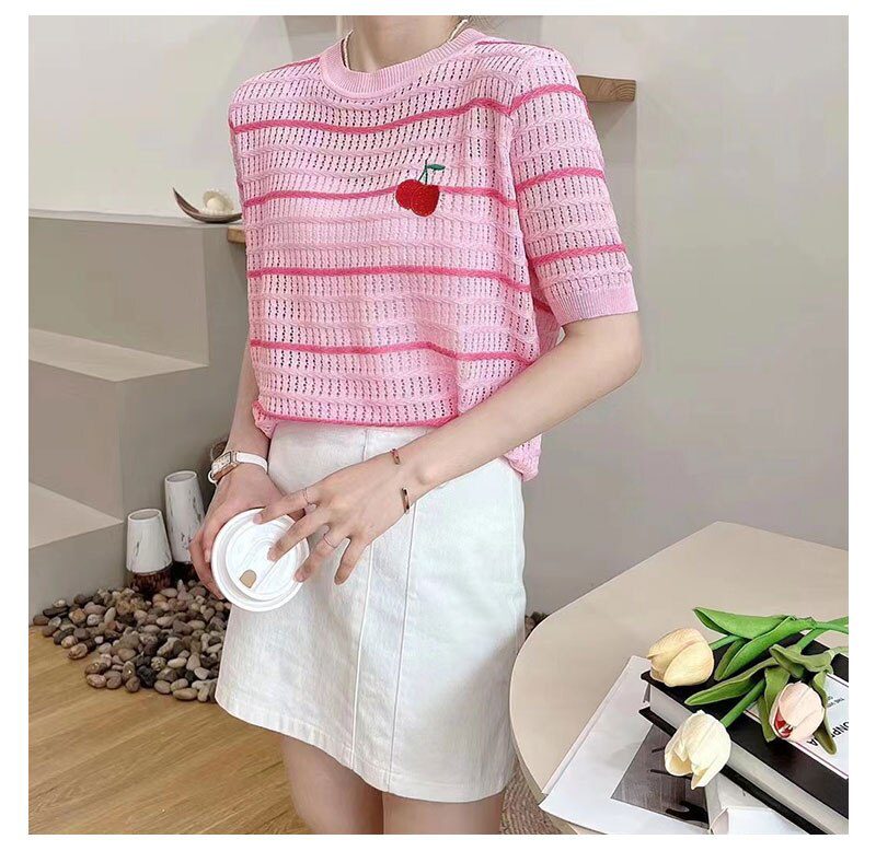 Summer Cherry Sequins Thin Knit Pullover Sweater Women 2022 Striped Sweet Elegant Ladies Top Knitwear Short Sleeve Loose T Shirt