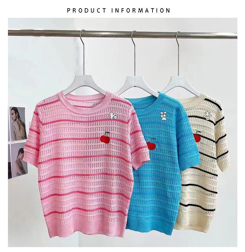 Summer Cherry Sequins Thin Knit Pullover Sweater Women 2022 Striped Sweet Elegant Ladies Top Knitwear Short Sleeve Loose T Shirt