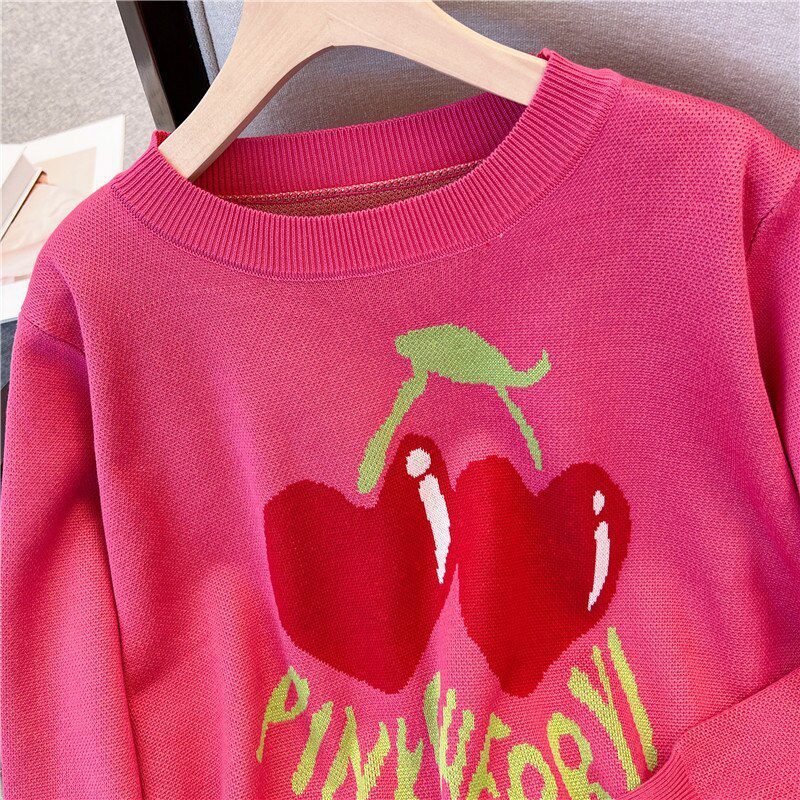 Cherry Jacquard Knit Sweater Pullover Women 2022 Autumn Korean Fashion Long Sleeve O-neck Loose Sweet Ladies Tops Jumpers Femme