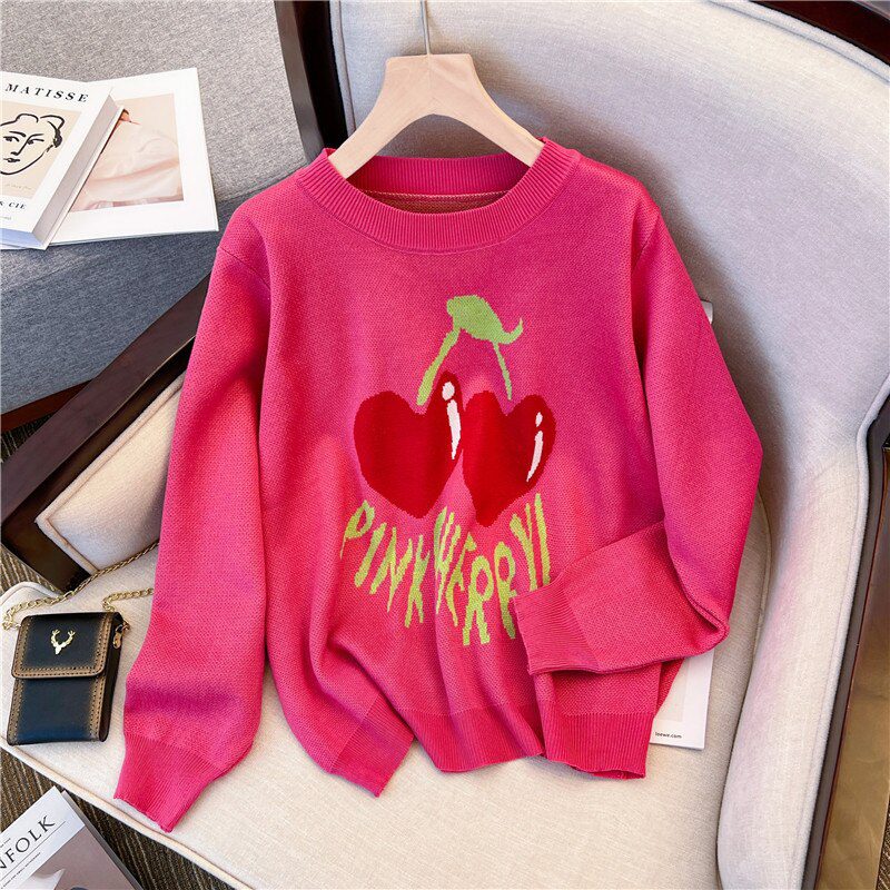 Cherry Jacquard Knit Sweater Pullover Women 2022 Autumn Korean Fashion Long Sleeve O-neck Loose Sweet Ladies Tops Jumpers Femme