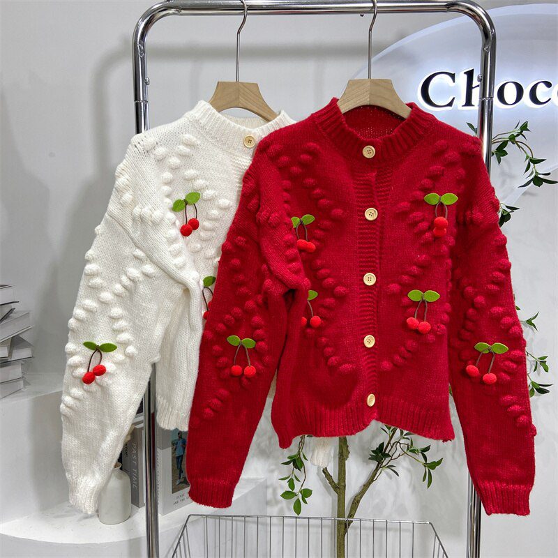 Winter Thicken Cherry Knitted Jacket Cardigan Women Warm Vintage Fashion Ladies Sweater Coat Long Sleeve O-neck Loose Jumper Top