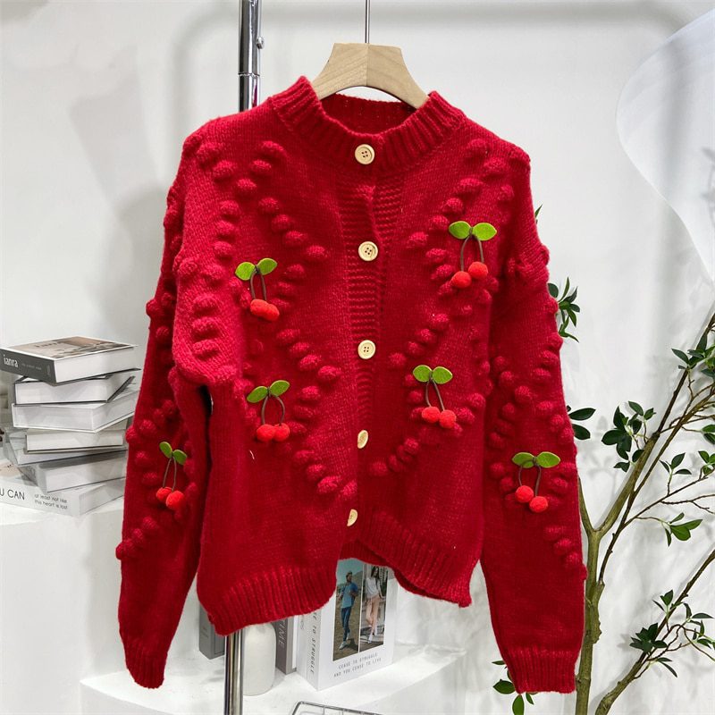 Winter Thicken Cherry Knitted Jacket Cardigan Women Warm Vintage Fashion Ladies Sweater Coat Long Sleeve O-neck Loose Jumper Top