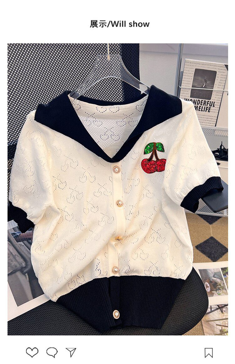 Summer Cherry Sequins Hollow Knitted Sweater Women Sailor Collar Short Sleeve Loose Cardigan Casual Loose Fashion Tops Knitwear