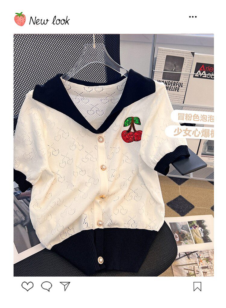 Summer Cherry Sequins Hollow Knitted Sweater Women Sailor Collar Short Sleeve Loose Cardigan Casual Loose Fashion Tops Knitwear