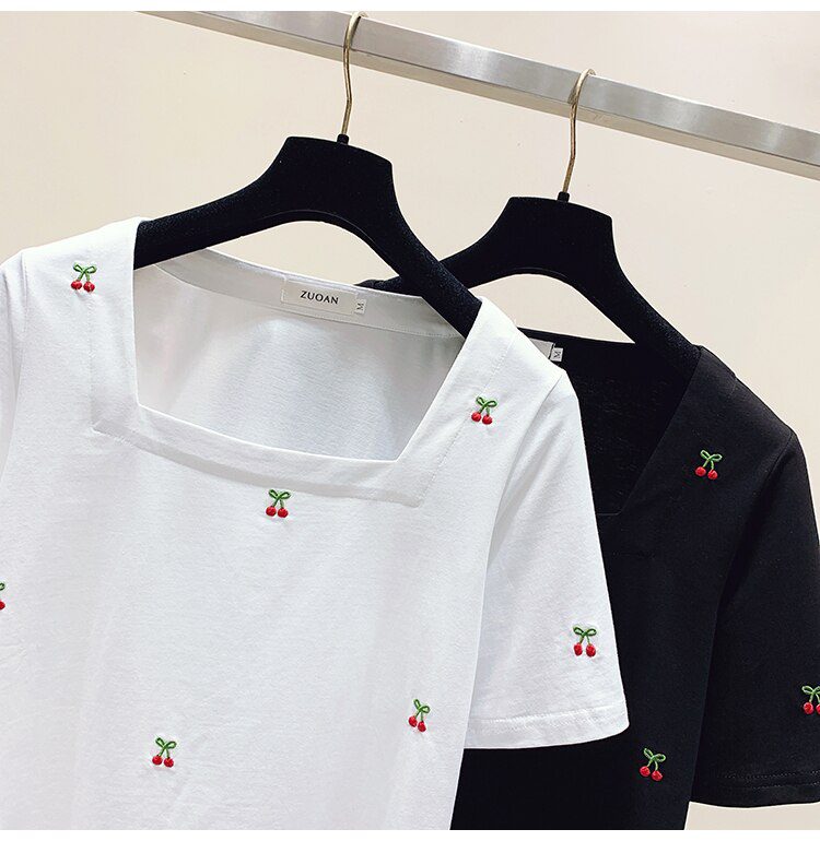 Cherry Embroidery Summer Women T-shirt Tops Women Short Sleeve Sweet Fashion Loose Tees Square Collar Chic Ladies Womens Clothes