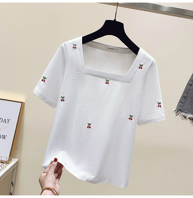 Cherry Embroidery Summer Women T-shirt Tops Women Short Sleeve Sweet Fashion Loose Tees Square Collar Chic Ladies Womens Clothes