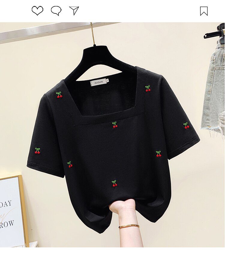 Cherry Embroidery Summer Women T-shirt Tops Women Short Sleeve Sweet Fashion Loose Tees Square Collar Chic Ladies Womens Clothes