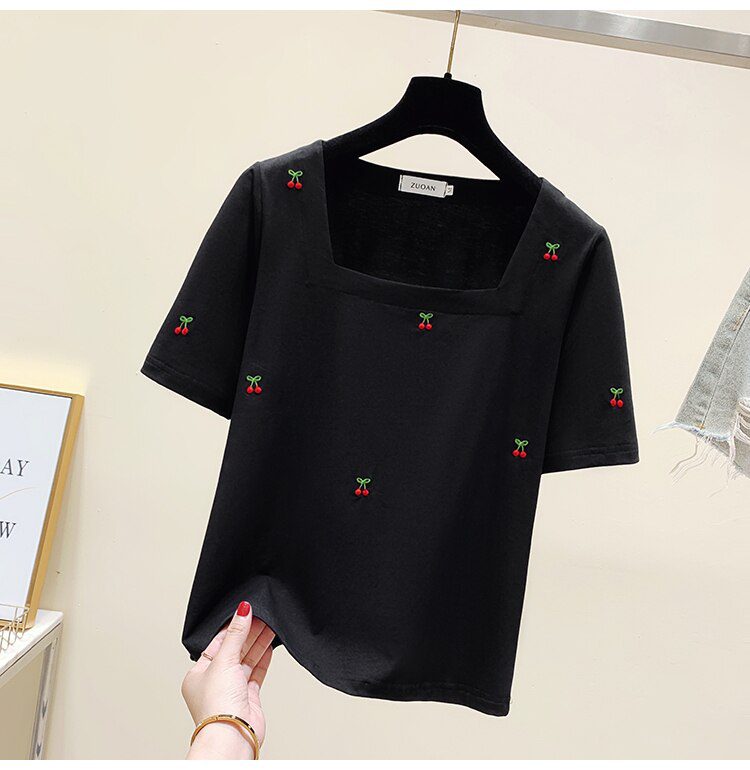 Cherry Embroidery Summer Women T-shirt Tops Women Short Sleeve Sweet Fashion Loose Tees Square Collar Chic Ladies Womens Clothes