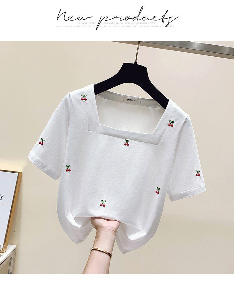 Cherry Embroidery Summer Women T-shirt Tops Women Short Sleeve Sweet Fashion Loose Tees Square Collar Chic Ladies Womens Clothes