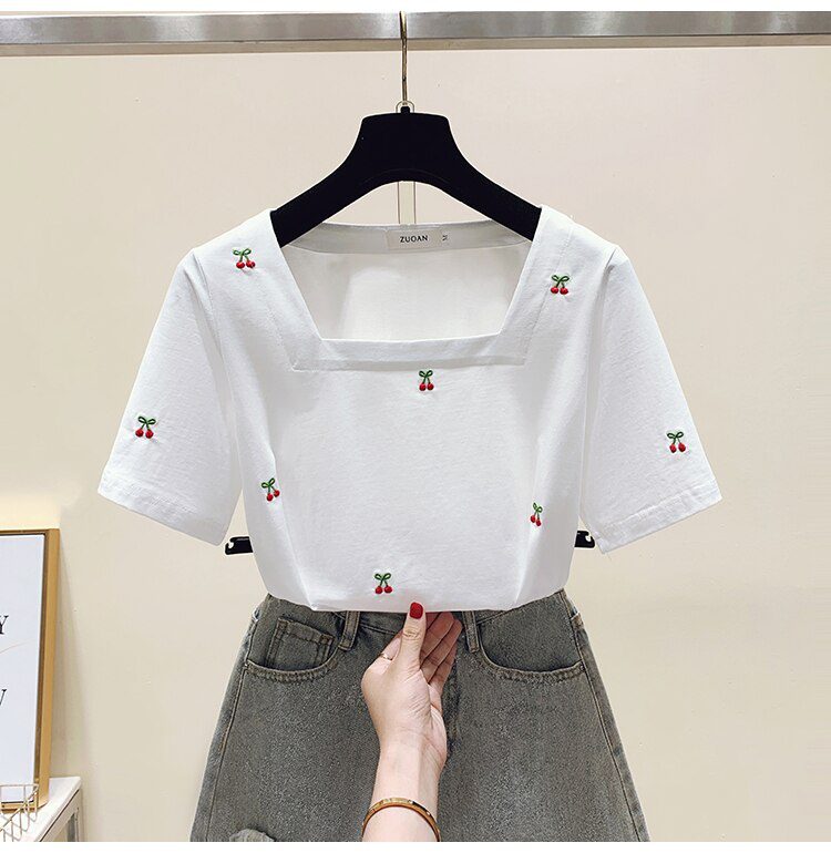 Cherry Embroidery Summer Women T-shirt Tops Women Short Sleeve Sweet Fashion Loose Tees Square Collar Chic Ladies Womens Clothes