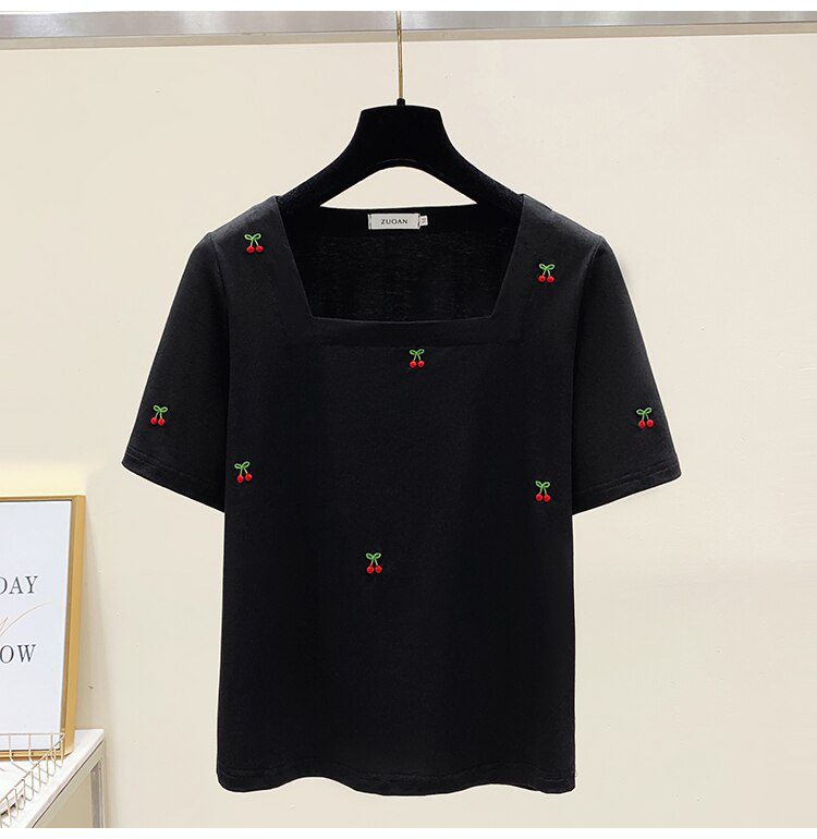 Cherry Embroidery Summer Women T-shirt Tops Women Short Sleeve Sweet Fashion Loose Tees Square Collar Chic Ladies Womens Clothes