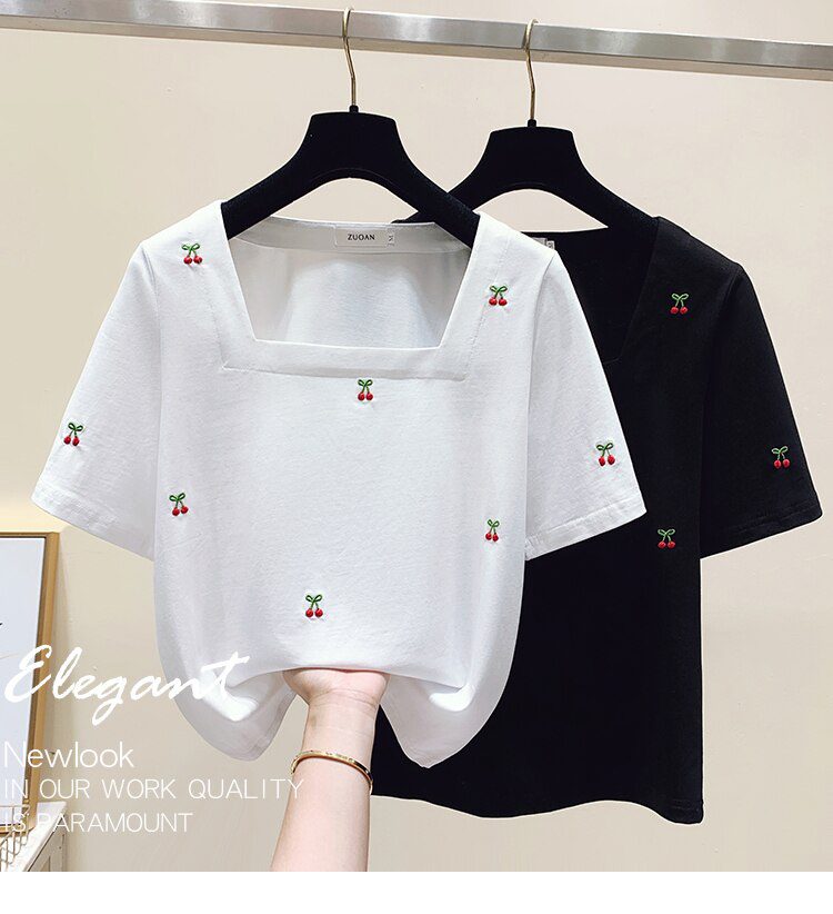 Cherry Embroidery Summer Women T-shirt Tops Women Short Sleeve Sweet Fashion Loose Tees Square Collar Chic Ladies Womens Clothes