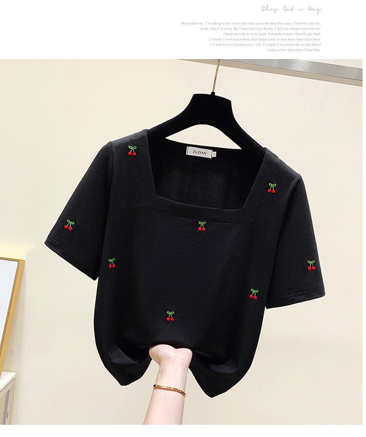 Cherry Embroidery Summer Women T-shirt Tops Women Short Sleeve Sweet Fashion Loose Tees Square Collar Chic Ladies Womens Clothes