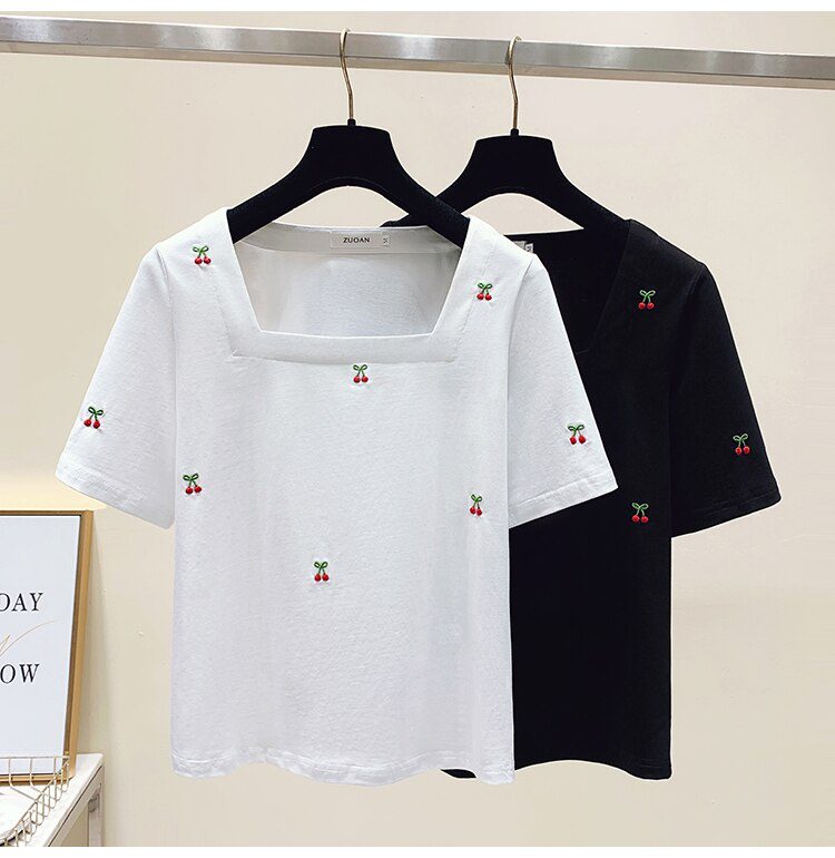 Cherry Embroidery Summer Women T-shirt Tops Women Short Sleeve Sweet Fashion Loose Tees Square Collar Chic Ladies Womens Clothes