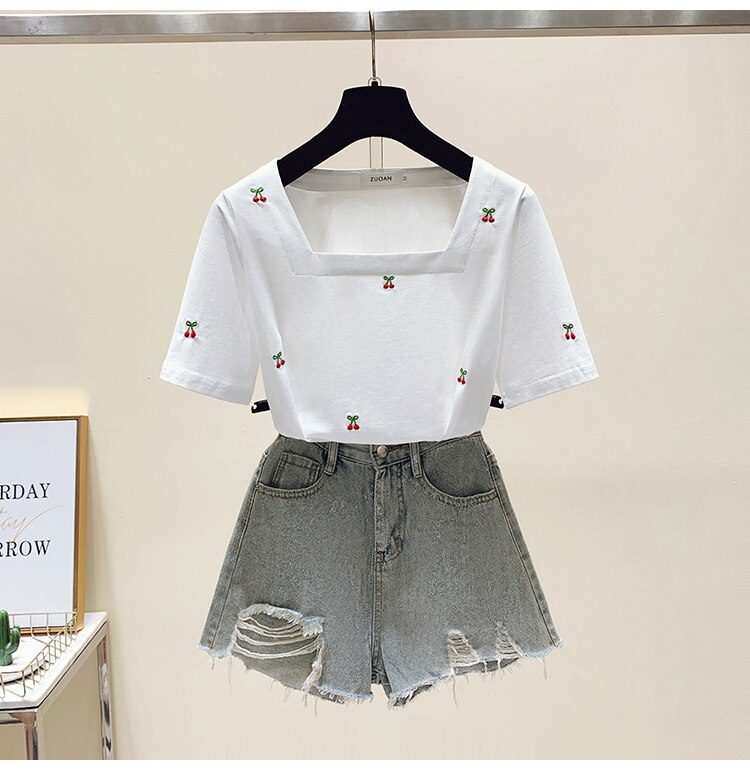 Cherry Embroidery Summer Women T-shirt Tops Women Short Sleeve Sweet Fashion Loose Tees Square Collar Chic Ladies Womens Clothes