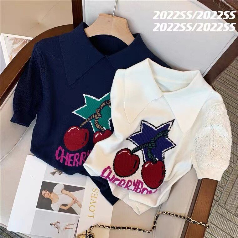 Summer Cherry Jacquard Knitted Pullover Tops Women Short Sleeve Fashion Casual Slim Ladies Jumpers Knitwear 2022