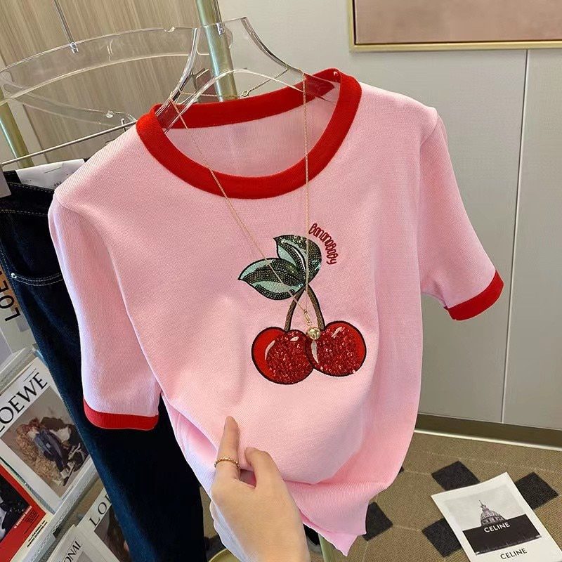 Summer Cherry Sequins Knit Sweater Tshirt Women 2022 Fashion Casual Embroidery Sweet Top Pullover Short Sleeve Loose Ladies Tops