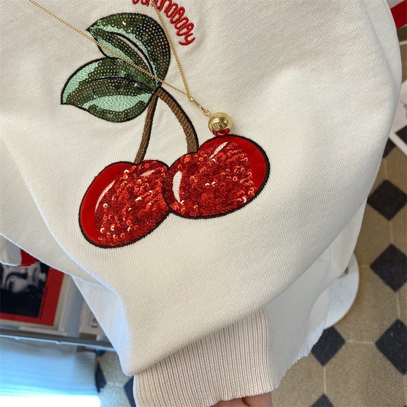 Summer Cherry Sequins Knit Sweater Tshirt Women 2022 Fashion Casual Embroidery Sweet Top Pullover Short Sleeve Loose Ladies Tops