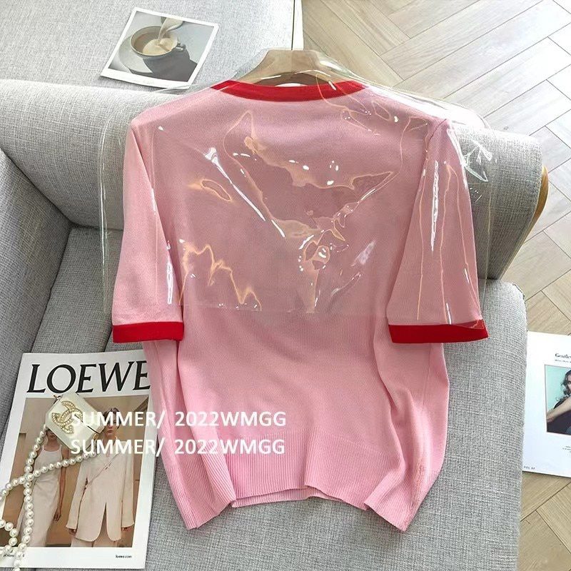 Summer Cherry Sequins Knit Sweater Tshirt Women 2022 Fashion Casual Embroidery Sweet Top Pullover Short Sleeve Loose Ladies Tops