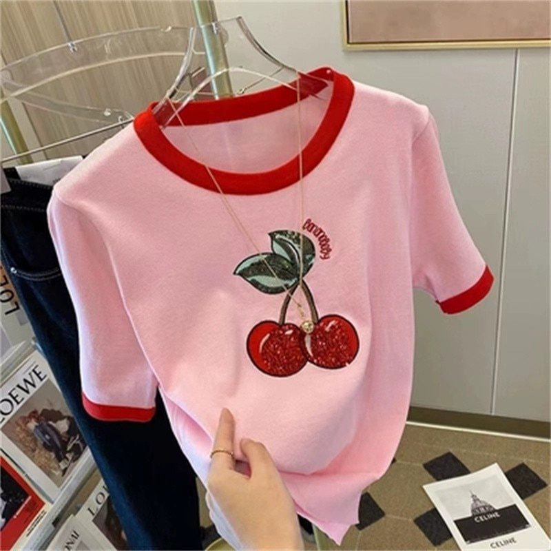 Summer Cherry Sequins Knit Sweater Tshirt Women 2022 Fashion Casual Embroidery Sweet Top Pullover Short Sleeve Loose Ladies Tops