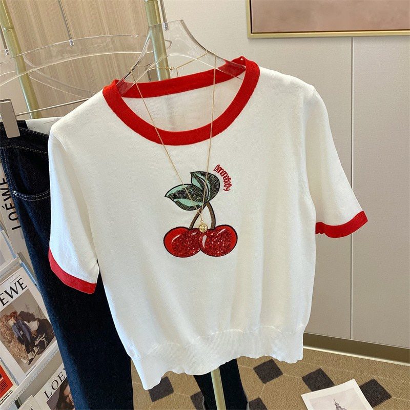 Summer Cherry Sequins Knit Sweater Tshirt Women 2022 Fashion Casual Embroidery Sweet Top Pullover Short Sleeve Loose Ladies Tops