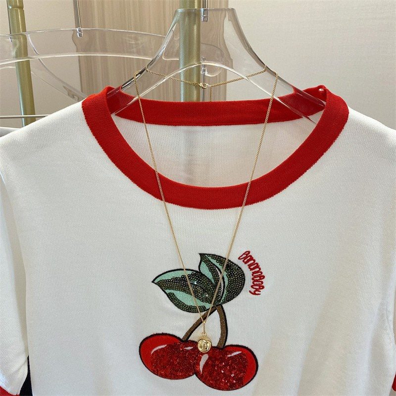 Summer Cherry Sequins Knit Sweater Tshirt Women 2022 Fashion Casual Embroidery Sweet Top Pullover Short Sleeve Loose Ladies Tops