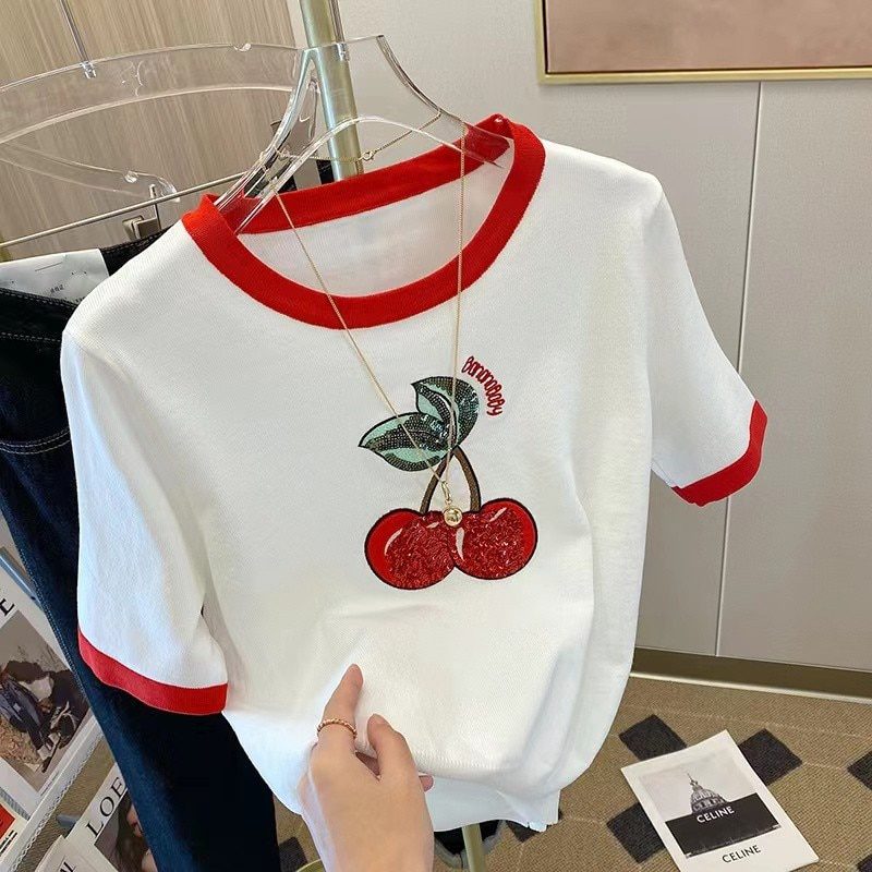 Summer Cherry Sequins Knit Sweater Tshirt Women 2022 Fashion Casual Embroidery Sweet Top Pullover Short Sleeve Loose Ladies Tops