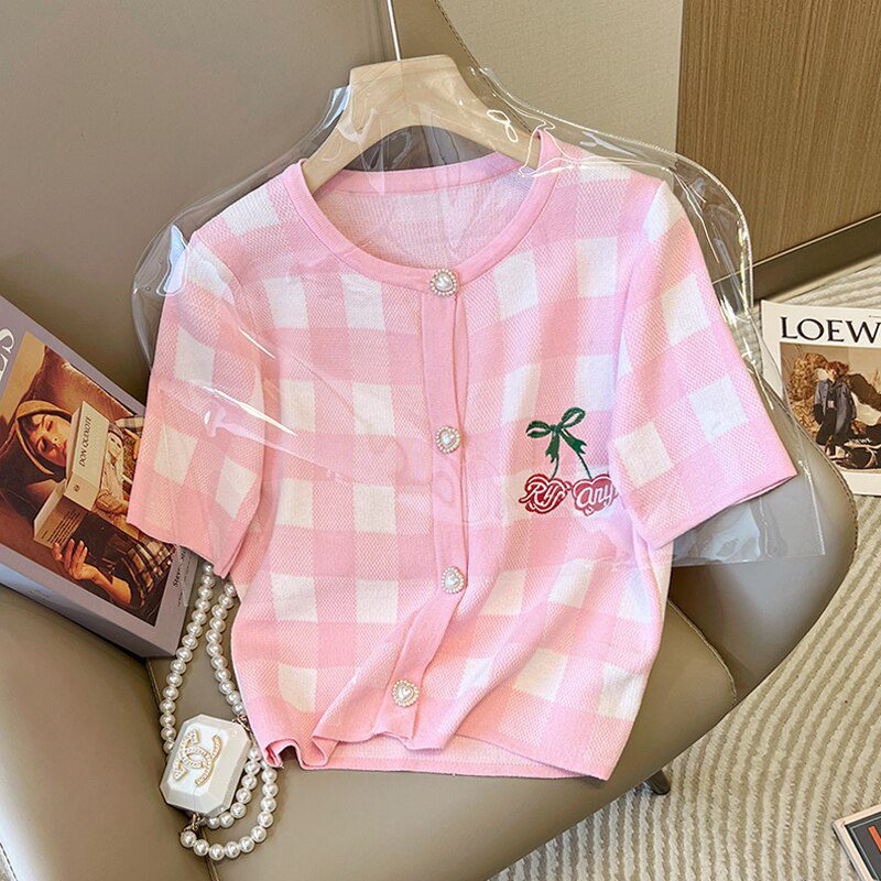 Summer Stylish Plaid Knit Women Cardigan Sweater Cherry Embroidered Single-breasted Knitwear Sweet Chic Fashion Ladies Tops 2022