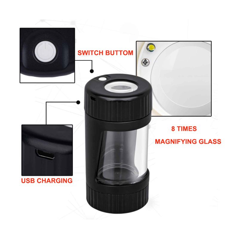 8-times magnification LED jar container with crushing function pipe stash can storage for stock herb sealed smoking accessories