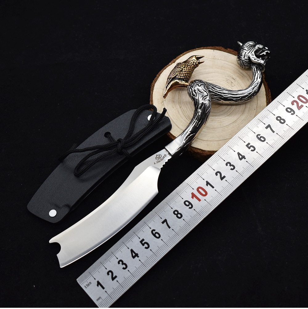 D2 Blade Fixed Razor Stainless Steel Handle Skull Head Hand-made Ornaments Outdoor Hunting Knife Survival Camping Tool Collect