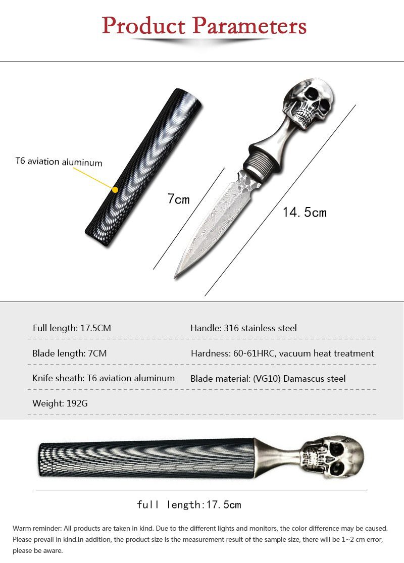 Damascus Steel Ghost Head Knife Skull Tea Cone Handmade Tea Needle M390 blade Camping Tool Self-defense Knife Fixed Blade knife