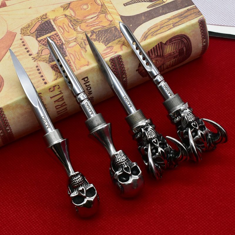 Damascus Steel Ghost Head Knife Skull Tea Cone Handmade Tea Needle M390 blade Camping Tool Self-defense Knife Fixed Blade knife