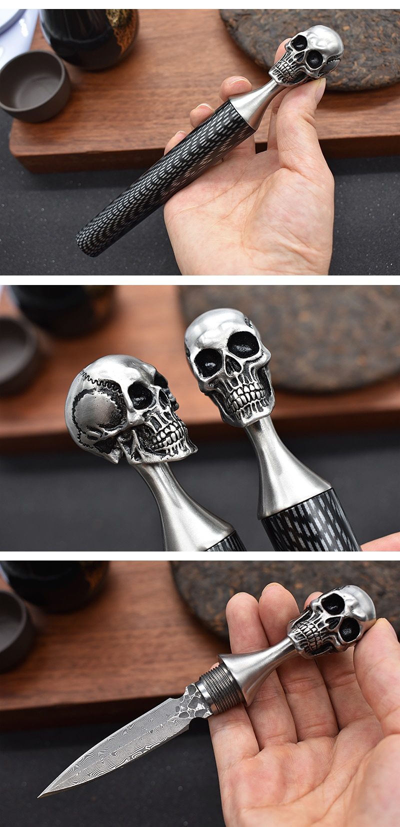 Damascus Steel Ghost Head Knife Skull Tea Cone Handmade Tea Needle M390 blade Camping Tool Self-defense Knife Fixed Blade knife