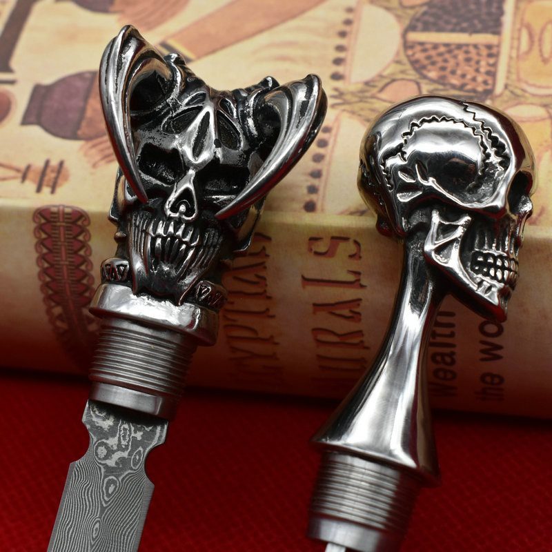 Damascus Steel Ghost Head Knife Skull Tea Cone Handmade Tea Needle M390 blade Camping Tool Self-defense Knife Fixed Blade knife