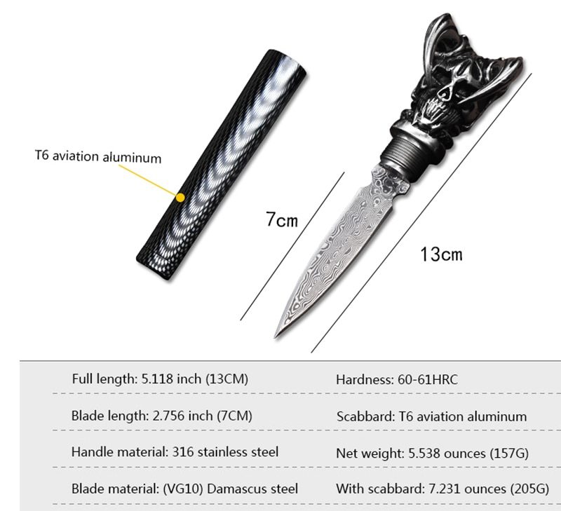 Damascus Steel Ghost Head Knife Skull Tea Cone Handmade Tea Needle M390 blade Camping Tool Self-defense Knife Fixed Blade knife