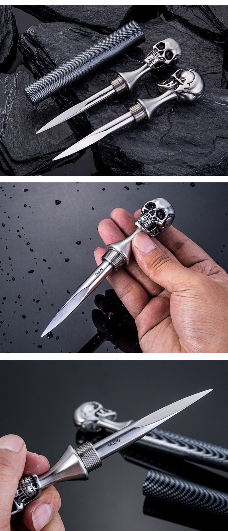 Damascus Steel Ghost Head Knife Skull Tea Cone Handmade Tea Needle M390 blade Camping Tool Self-defense Knife Fixed Blade knife