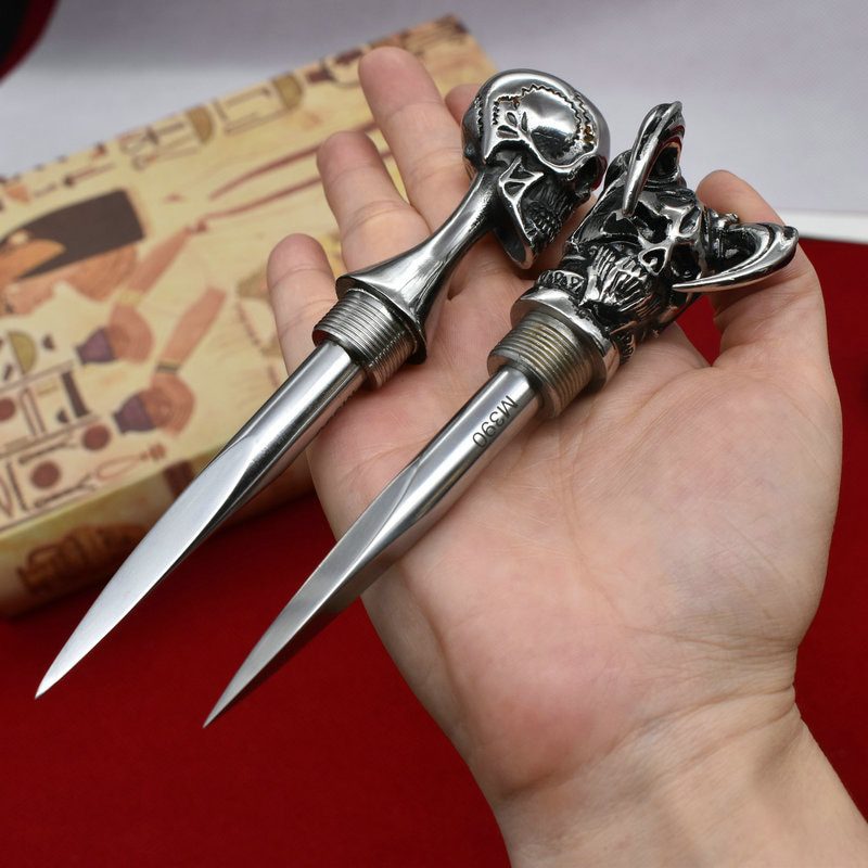 Damascus Steel Ghost Head Knife Skull Tea Cone Handmade Tea Needle M390 blade Camping Tool Self-defense Knife Fixed Blade knife