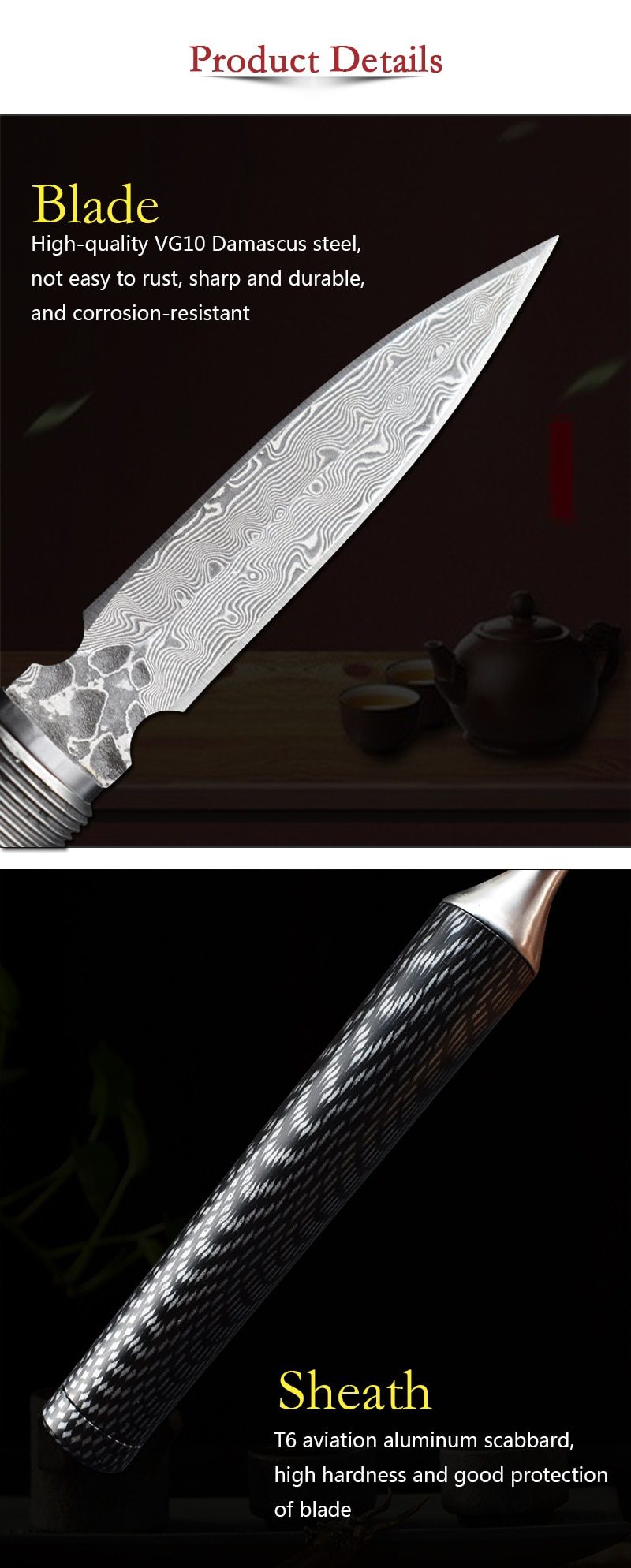 Damascus Steel Ghost Head Knife Skull Tea Cone Handmade Tea Needle M390 blade Camping Tool Self-defense Knife Fixed Blade knife