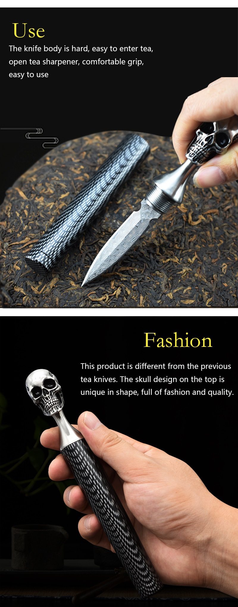 Damascus Steel Ghost Head Knife Skull Tea Cone Handmade Tea Needle M390 blade Camping Tool Self-defense Knife Fixed Blade knife