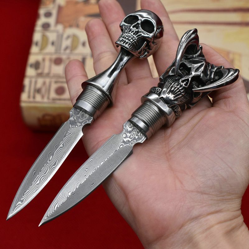 Damascus Steel Ghost Head Knife Skull Tea Cone Handmade Tea Needle M390 blade Camping Tool Self-defense Knife Fixed Blade knife