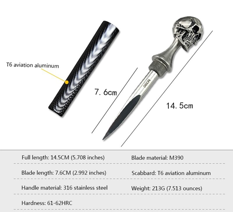 Damascus Steel Ghost Head Knife Skull Tea Cone Handmade Tea Needle M390 blade Camping Tool Self-defense Knife Fixed Blade knife