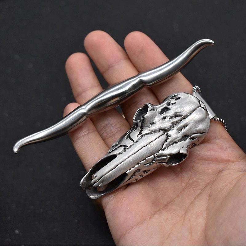 Damascus Steel D2 Steel ox head pendant handicraft EDC Tea Knife Outdoor Personal Defense Knife Tactical Gear Camping Tool